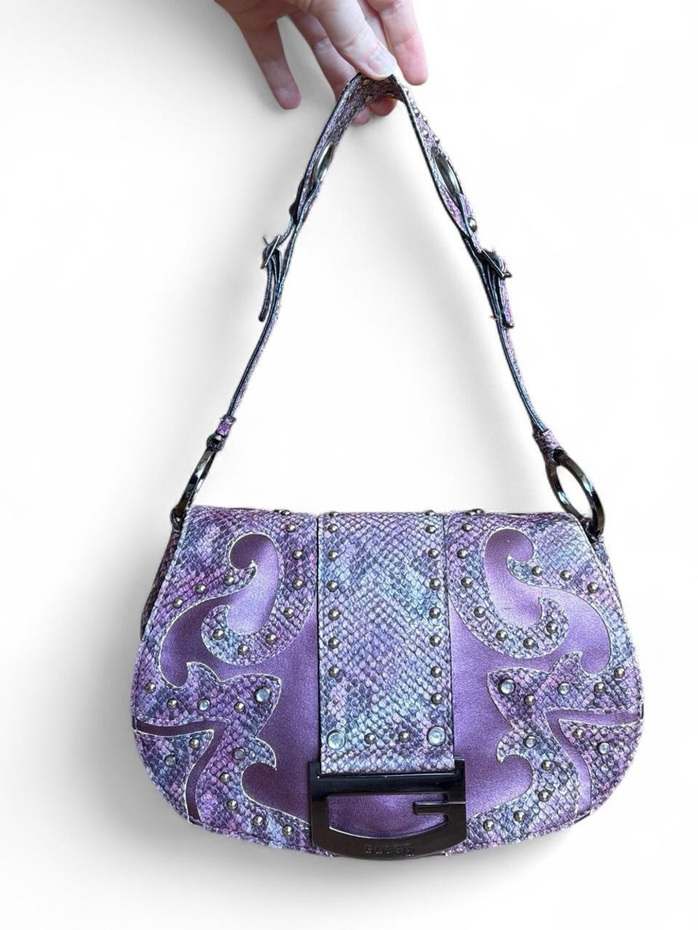 Vintage Y2K Guess Purple Metallic Snakeskin Studded Western Shoulder Bag G Buckl